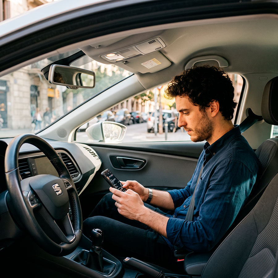 A man sitting in a parked car, reading an alert on his phone from someone in his support network.